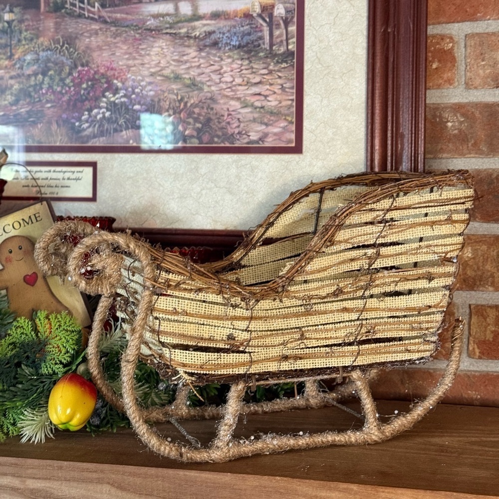 Rustic Woven Gold Decorative Holiday 14” Sleigh